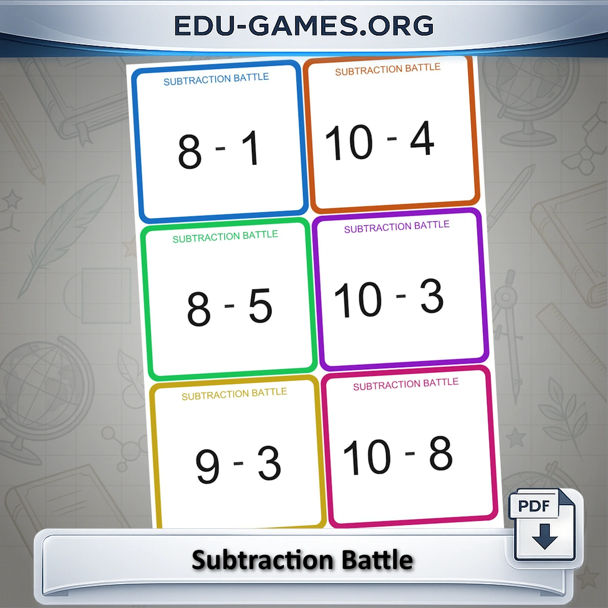 Printable subtraction battle card game