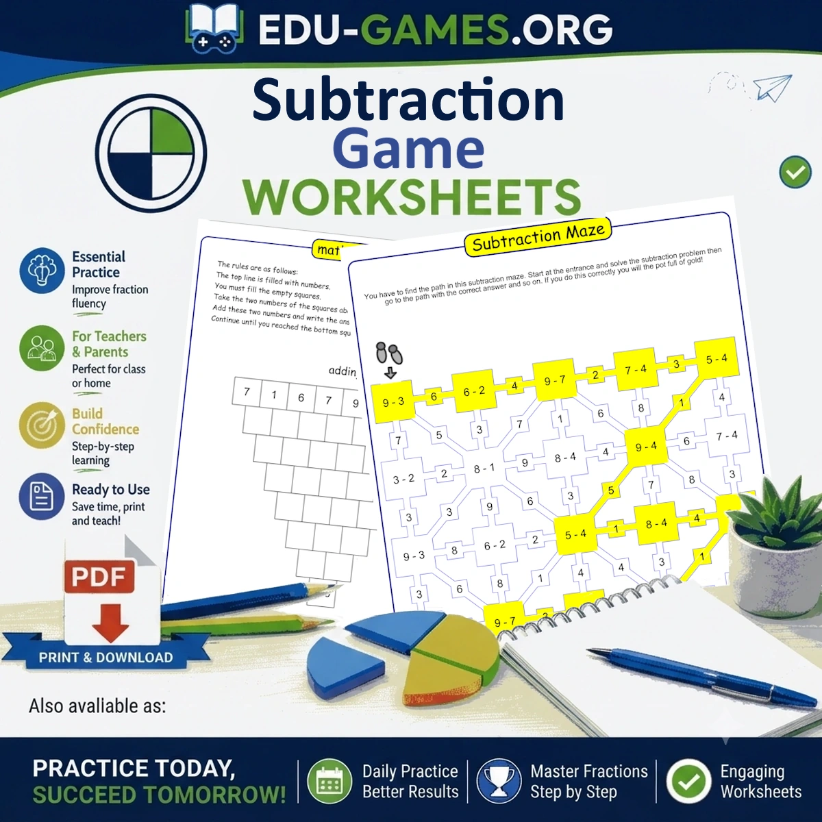 Free printable subtraction puzzle games and activity sheets for classroom use