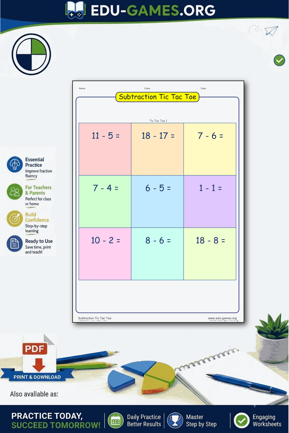 Subtraction Tic Tac Toe Worksheet Generator — Free Printable PDF