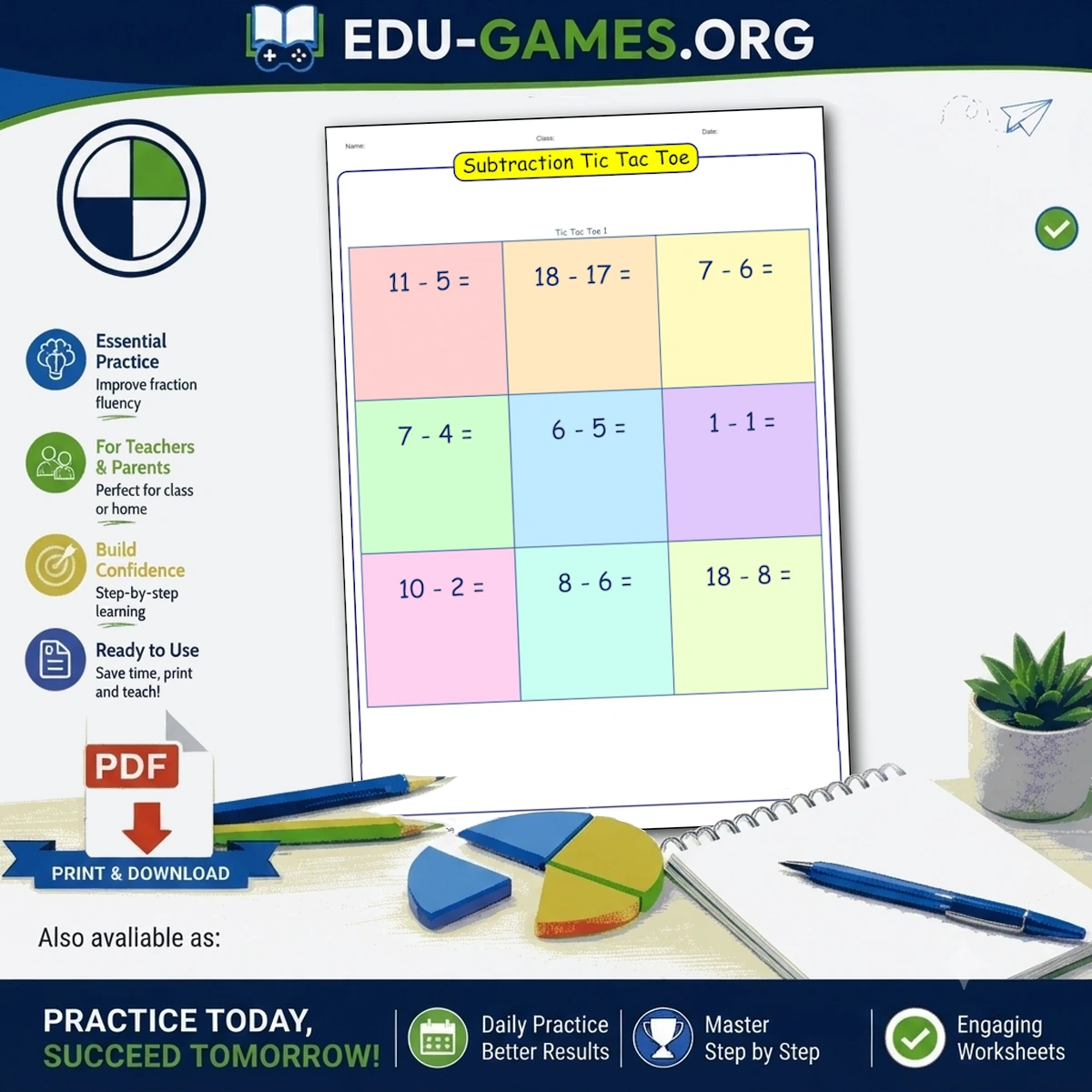 Free printable Subtraction Tic Tac Toe worksheet generator - subtraction problems in every square of a 3x3 tic-tac-toe grid.
