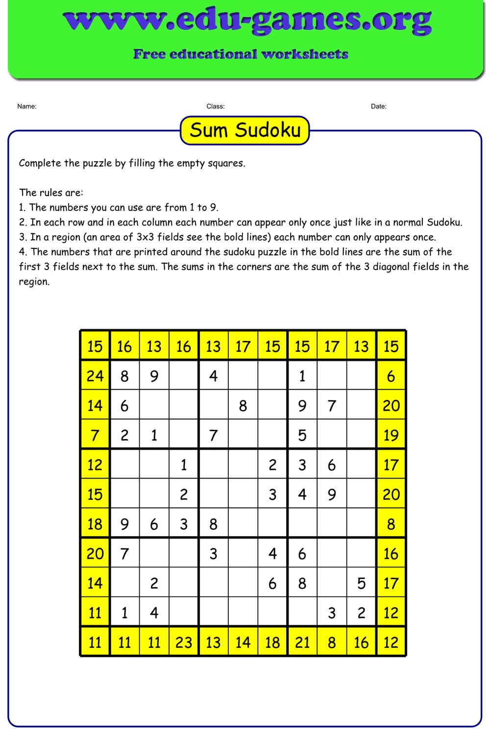 Free Printable Sum Sudoku Worksheet Generator