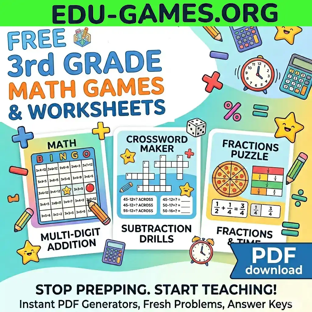 Generate free printable math game worksheets for Grade 3 — multiplication, fractions, mazes, bingo & more.