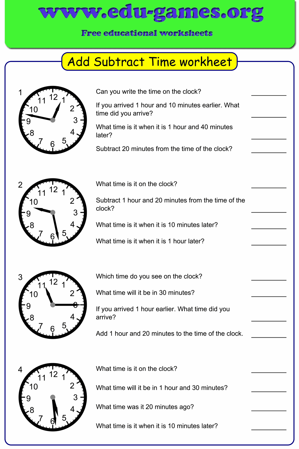Adding and Subtracting Time Worksheets — Free Printable PDF Generator