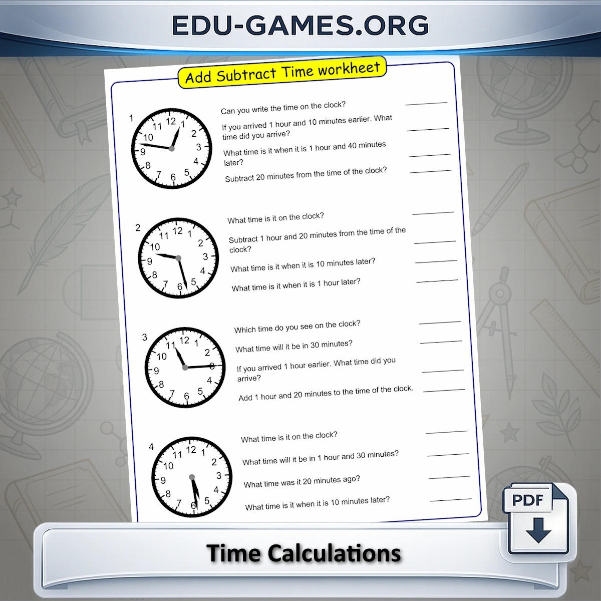 Free printable add and subtract time worksheet generator