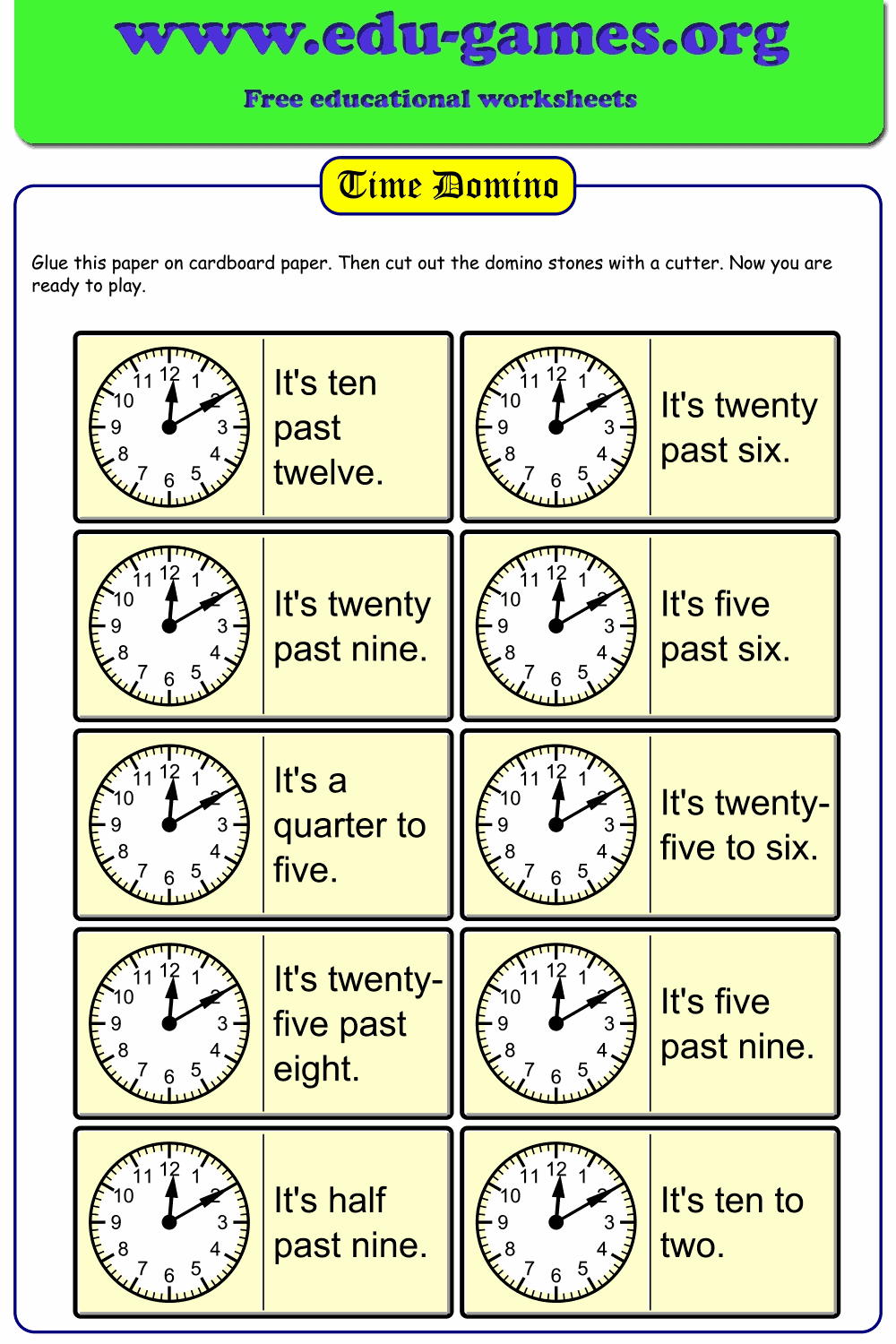 Time Dominoes — Free Printable Telling Time Domino Worksheets | Edu-Games