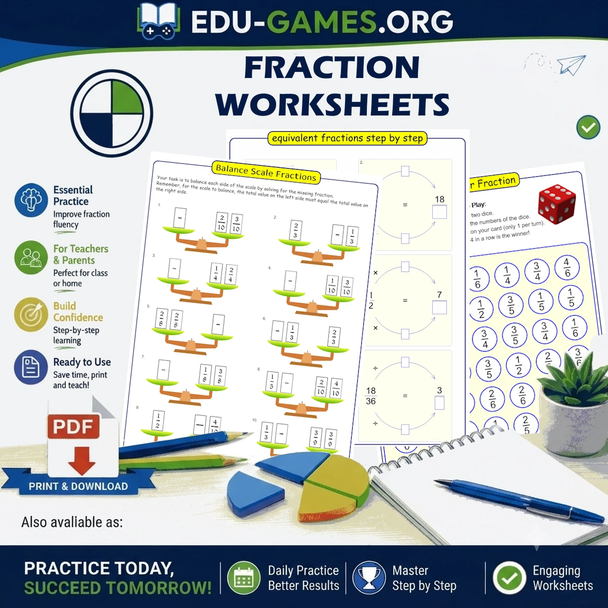 Various Fraction Worksheets.