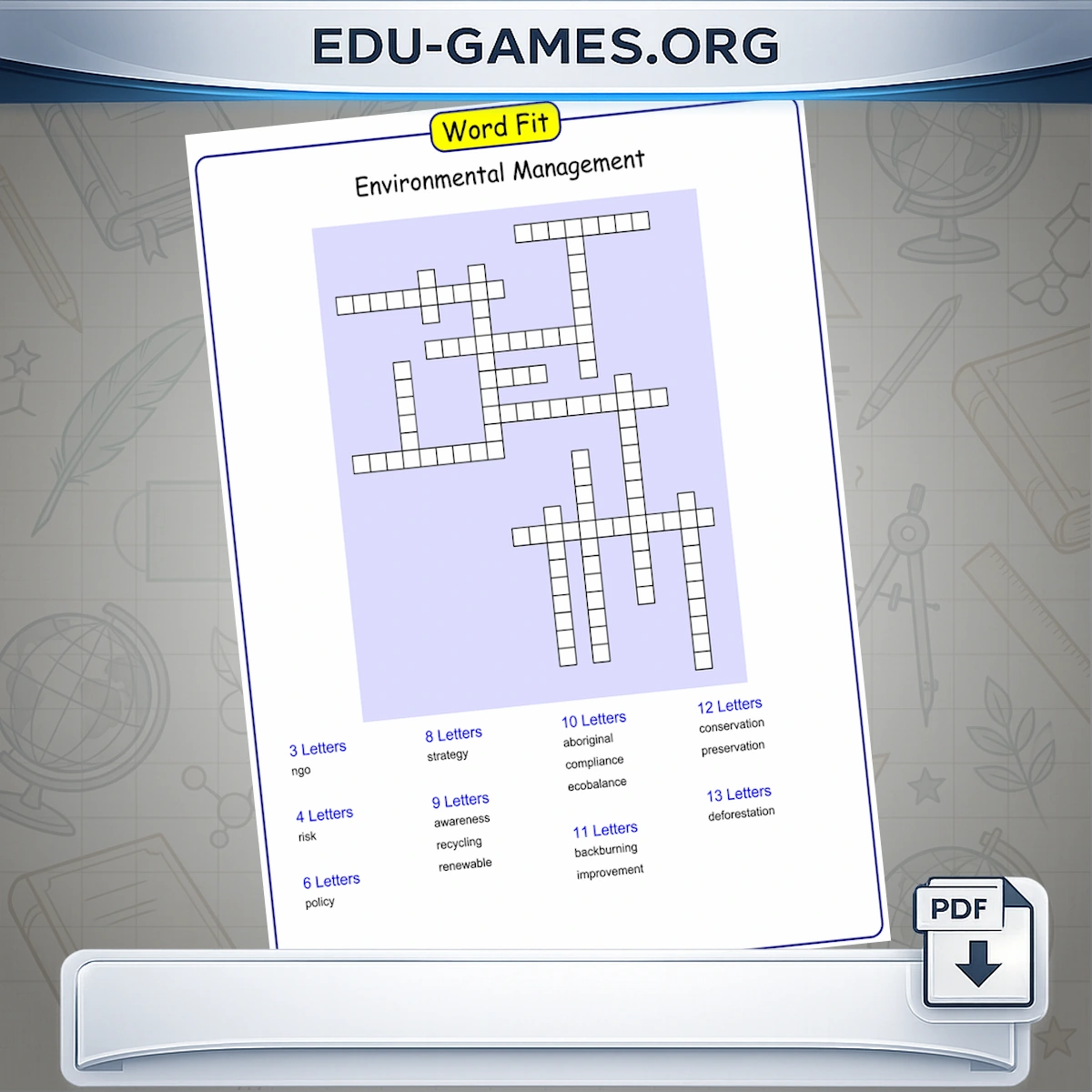 Word Fit puzzle worksheet — vocabulary words placed in a crossword-style grid