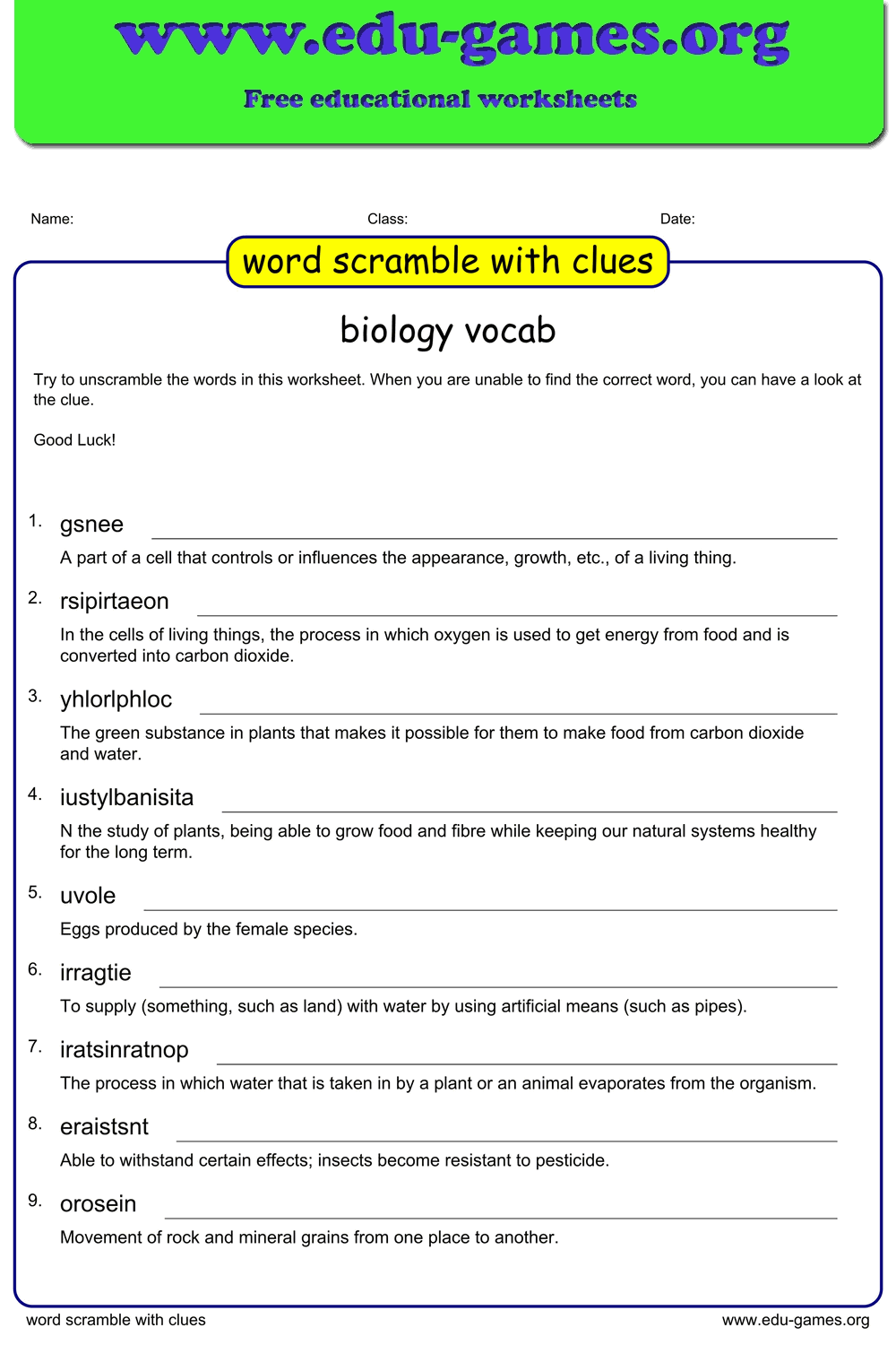 Word Scramble with Clue Maker — Free Printable Worksheets | Edu-Games