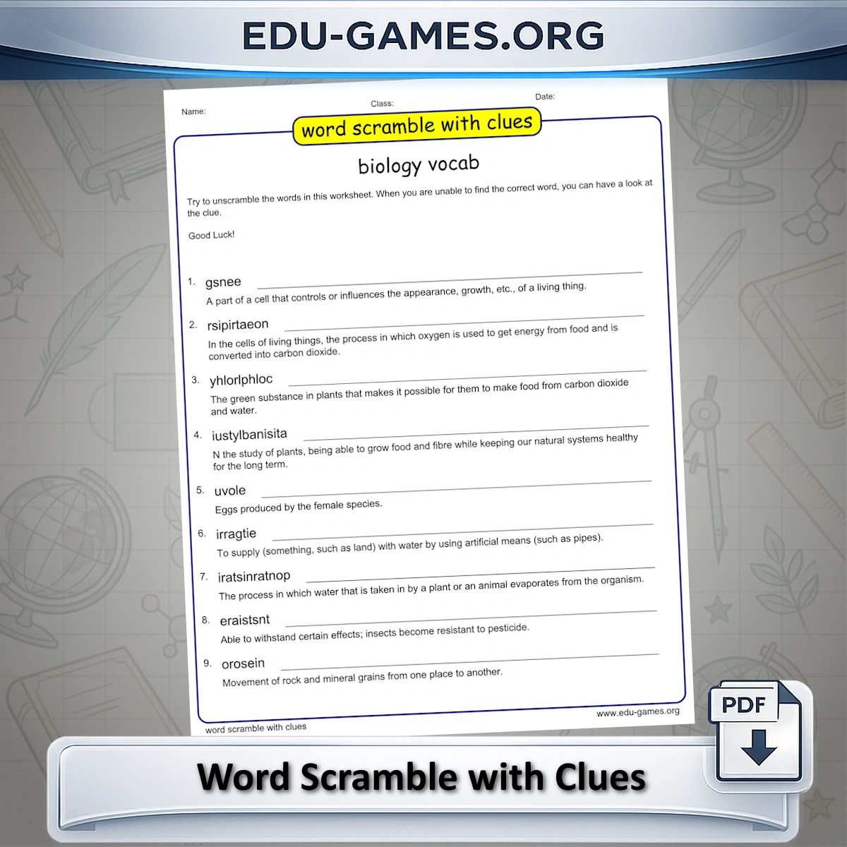Free printable word scramble with clues maker