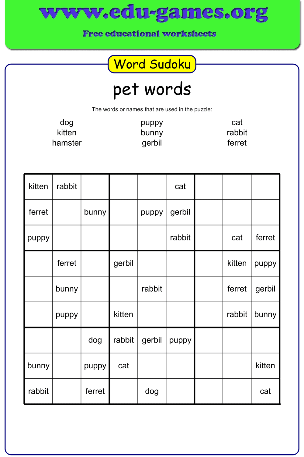 Free Printable Word Sudoku Puzzle Maker | Edu-Games
