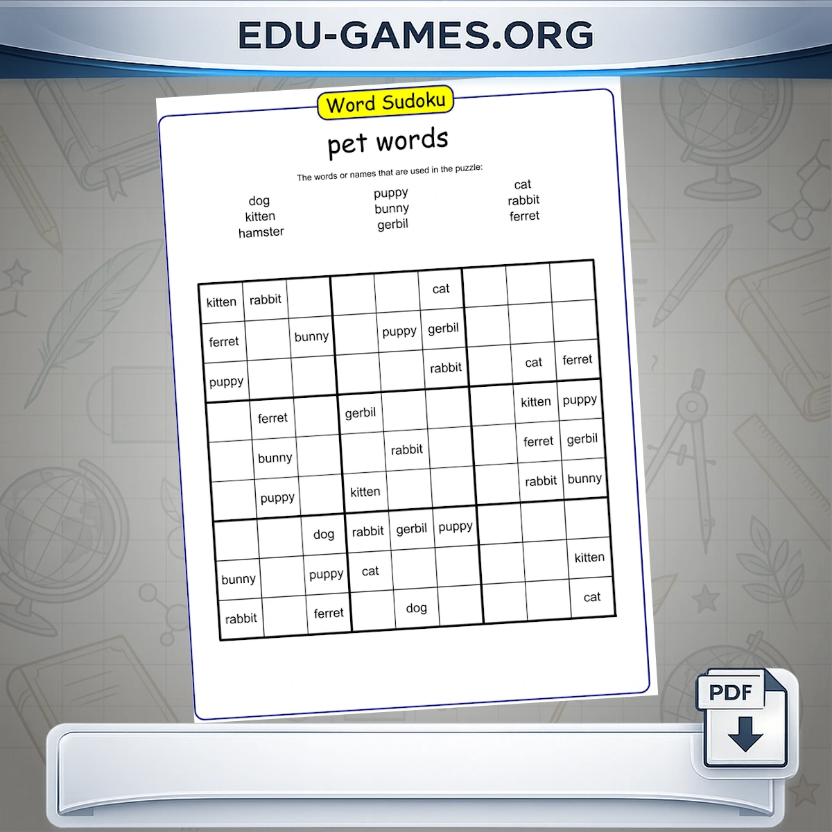 Word Sudoku puzzle worksheet example — 9 x 9 grid