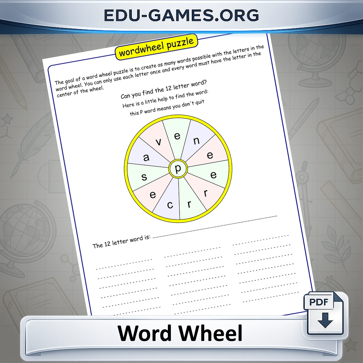 Word Wheel puzzle worksheet — circular letter wheel with a highlighted center letter, printable for classroom use